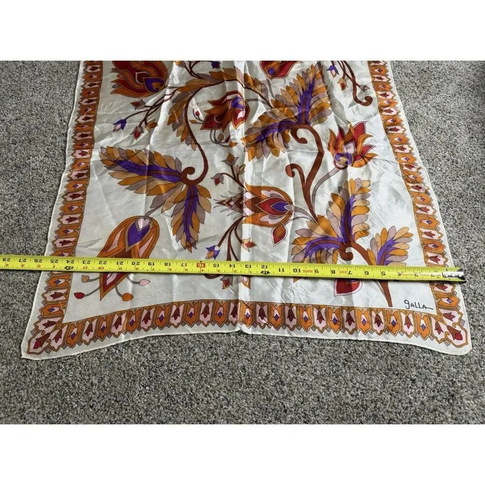 Galla Vintage Regal Satin Square Scarf Lightweight Floral Leaves Orange Purple